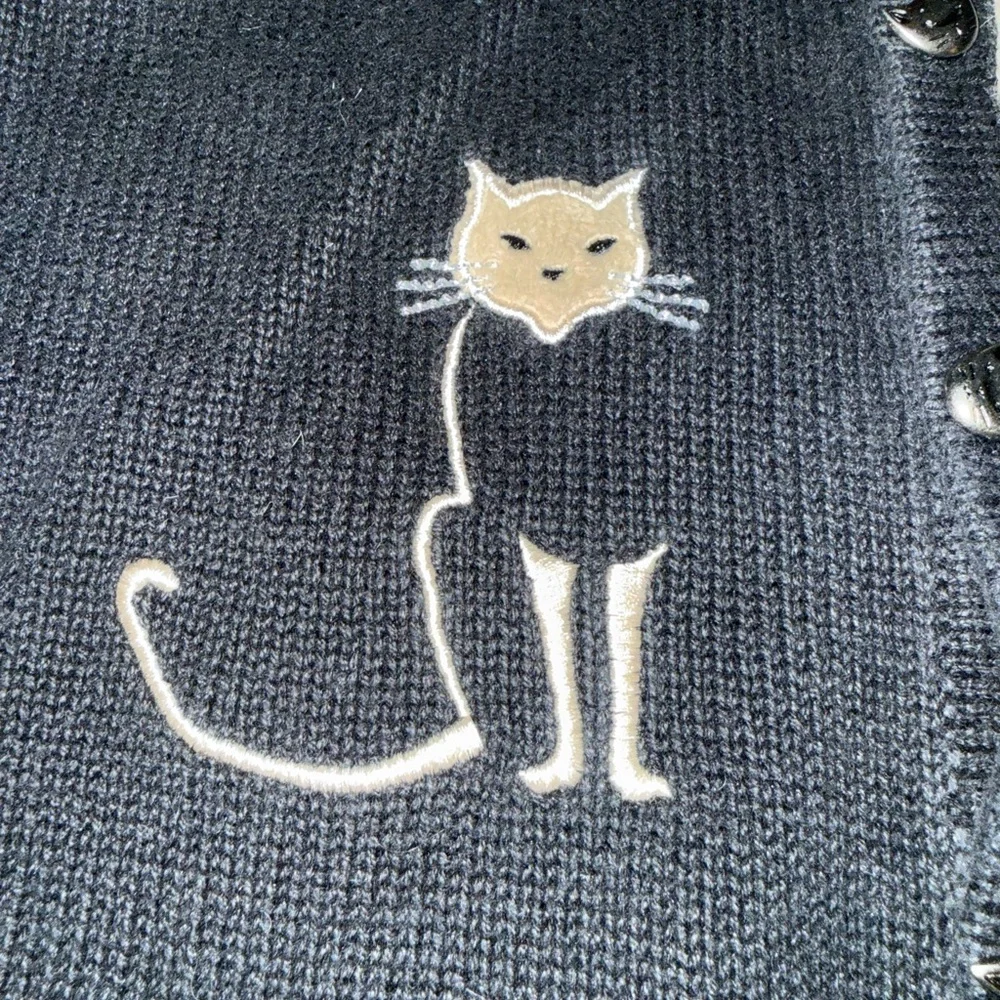 Vintage 2003 Christopher & Banks Cat Sweater Cardigan Ramie Cotton Embroidered - Picture 3 of 11